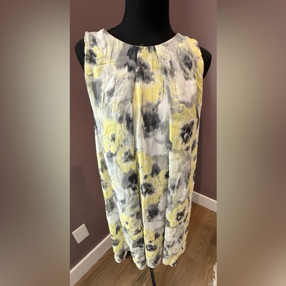 (B5) MSK Watercolor Floral Chiffon Sleeveless Shift‎ Dress - Yellow & Gray 6